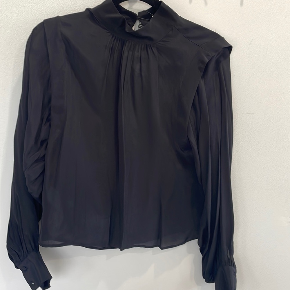NWT Mango mock neck boxy fit long sleeve puff sleeve boho black blouse XS